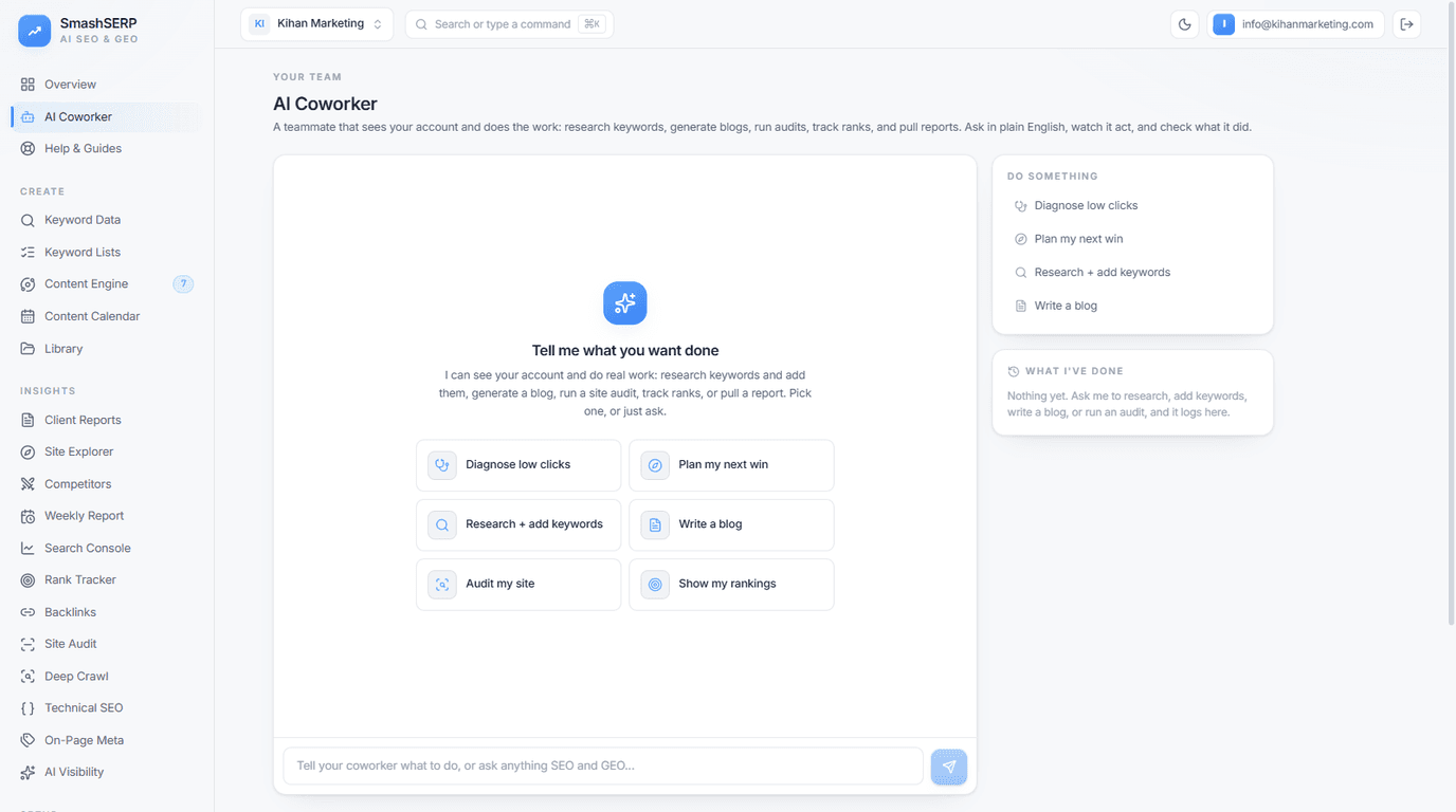 The SmashSERP AI Coworker screen: ask in plain English and it researches keywords, writes blogs, runs audits, and tracks rankings
