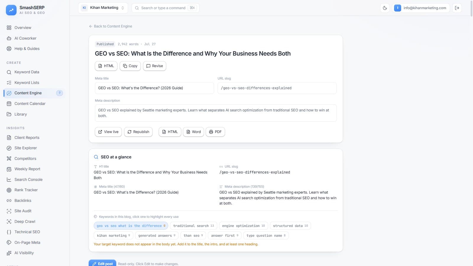 Every article is answer-first, with schema, meta, and keyword highlighting.