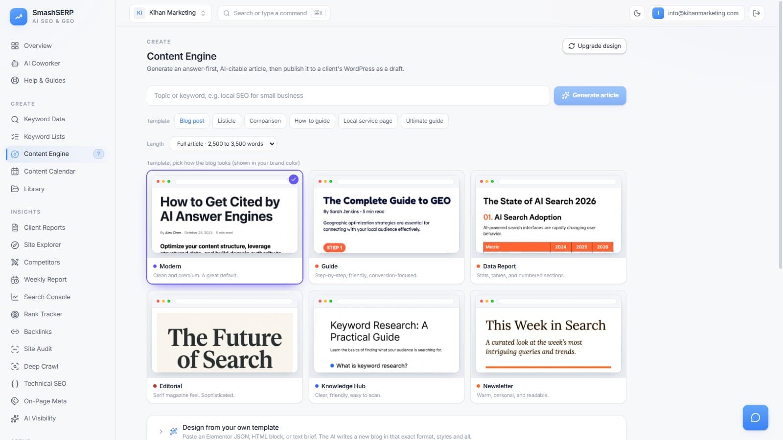 The SmashSERP Content Engine, generating an AI-citable article with a choice of blog templates